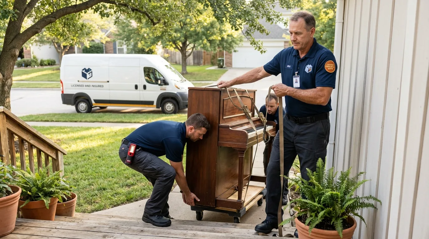 Licensed piano movers securing grand piano in Waynesville, OH