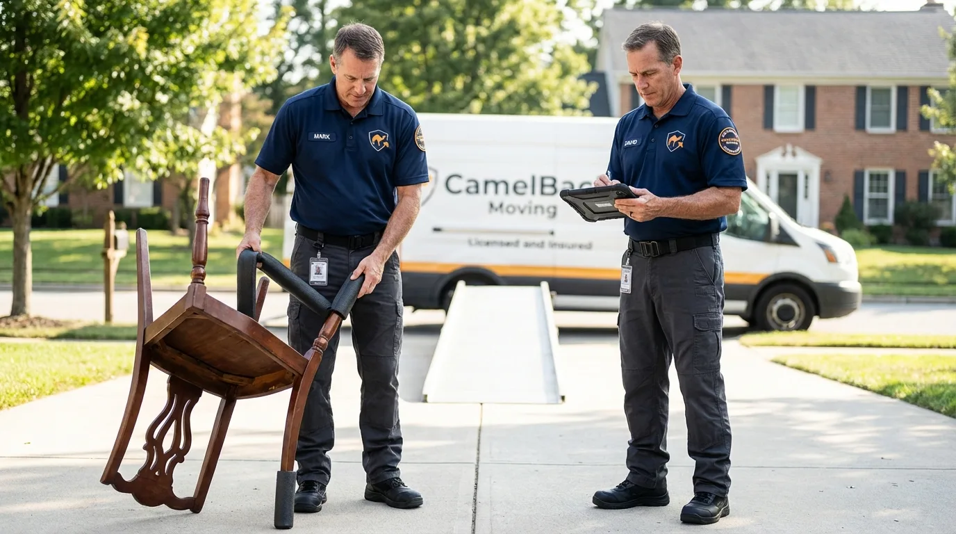 Movers inspecting furniture for damage prevention before loading in Waynesville, OH