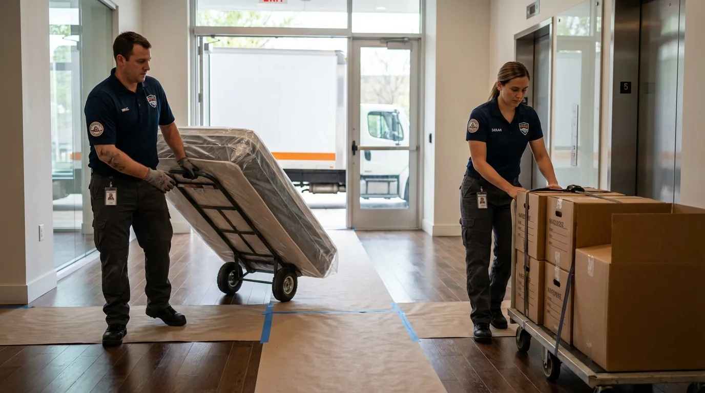 Professional apartment movers loading elevator in Waynesville, OH